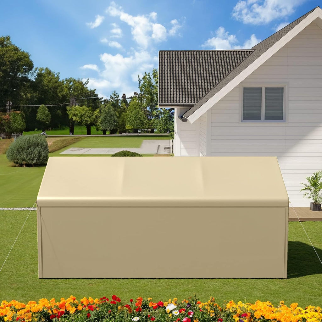 Carport 10x20 Ft Heavy Duty Canopy Steel Canopy Storage Shed,Portable Garage Party Tent,Portable Garage with Removable Sidewalls & Doors All-Season Tarp for Carport (Beige)