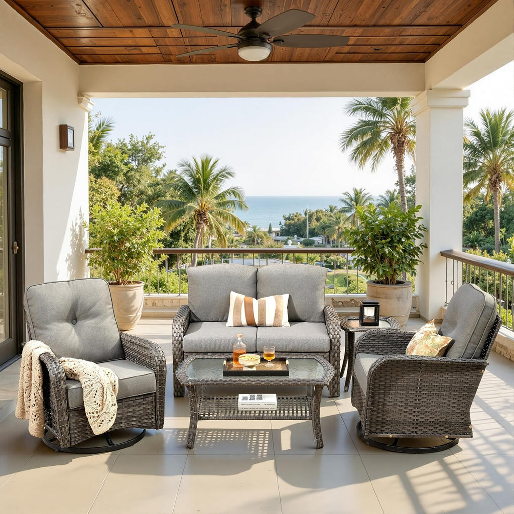 CAODOC 5 Pieces Patio Furniture Set,Outdoor Furniture with Rockers, Rattan Conversation Sets w/Coffee Table, Grey Wicker Light Dark Gray Cushion