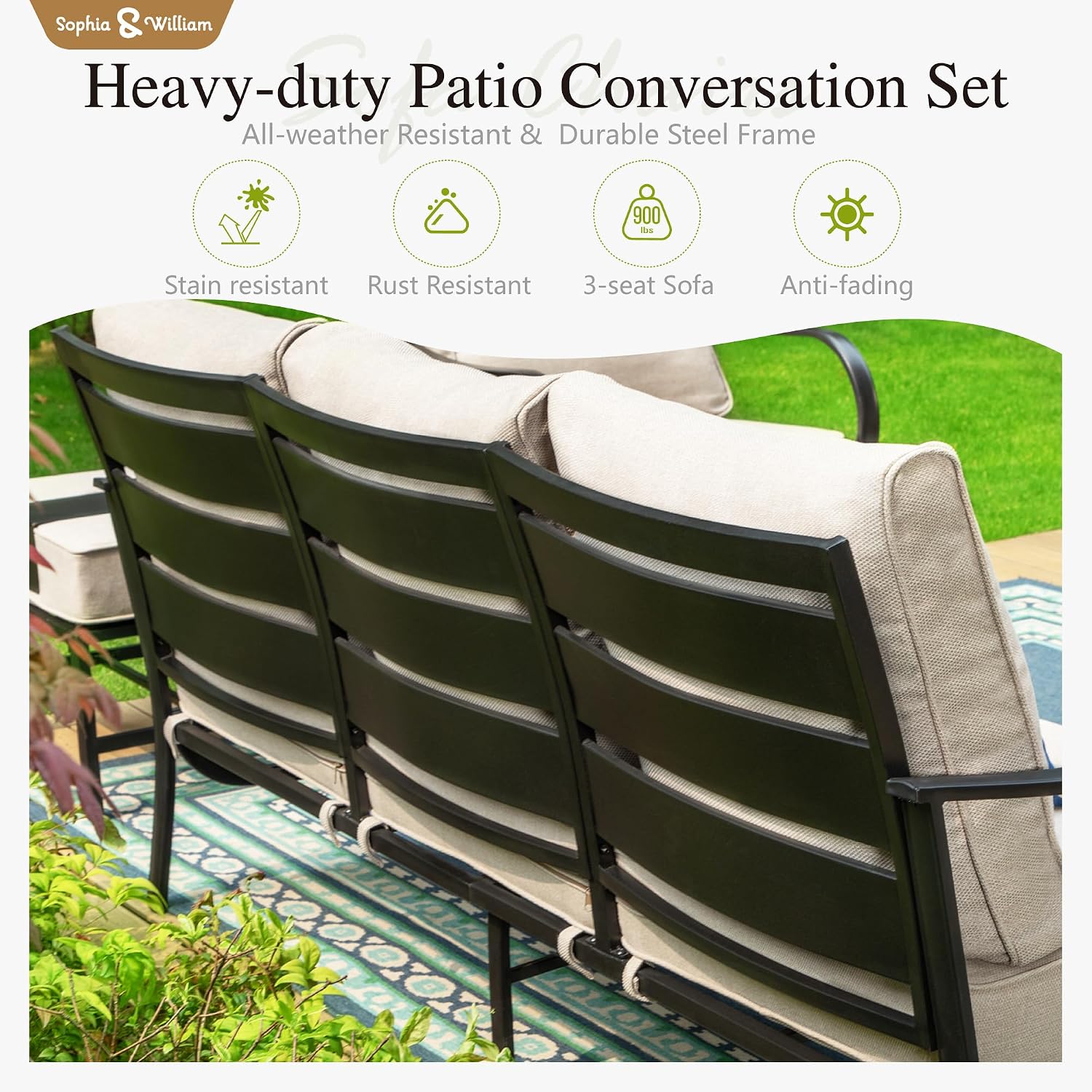 Sophia & William Patio Furniture Sets 5 Seats Outdoor Metal Conversation Sets 4 Pcs with 2 x Cushioned Swivel Sofa Chairs,1 x 3-Seat Sofa, 1x Marbling Metal Coffee Table Lawn Backyard Poolside Beige