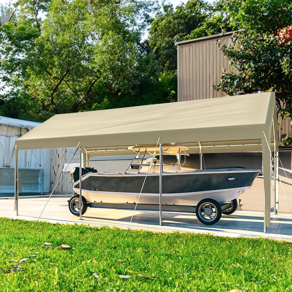 Carport 10x20 Ft Heavy Duty Canopy Steel Canopy Storage Shed,Portable Garage Party Tent,Portable Garage with Removable Sidewalls & Doors All-Season Tarp for Carport (Beige)