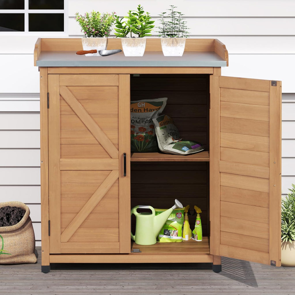 Outdoor Storage Cabinet & Potting Bench Table with Metal Top, Wooden Patio Furniture, Garden Workstation (Light Brwon, 39x31.5x17in)