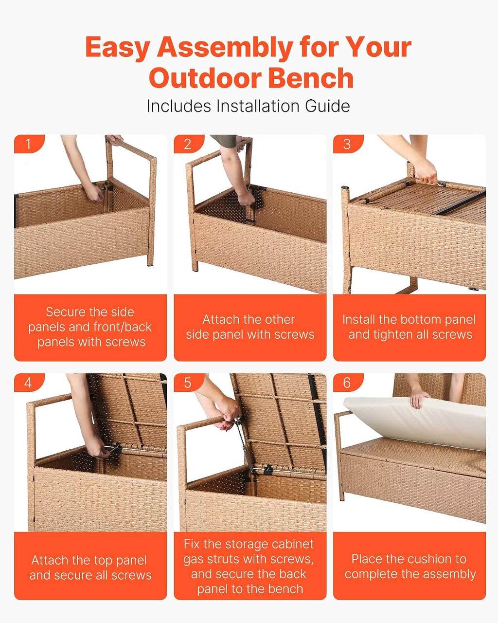 VEVOR Outdoor Storage Bench, 2-Person PE Rattan Storage Bench, 70 Gal Deck Box with Cushion, Supports up to 265 lbs, Outdoor Seating & Porch Decor for Patio Garden Balcony Yard