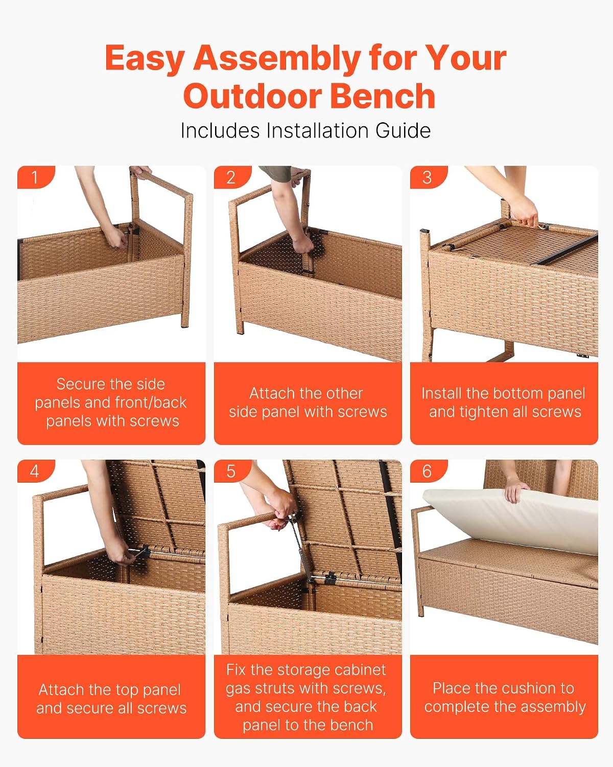VEVOR Outdoor Storage Bench, 2-Person PE Rattan Storage Bench, 70 Gal Deck Box with Cushion, Supports up to 265 lbs, Outdoor Seating & Porch Decor for Patio Garden Balcony Yard