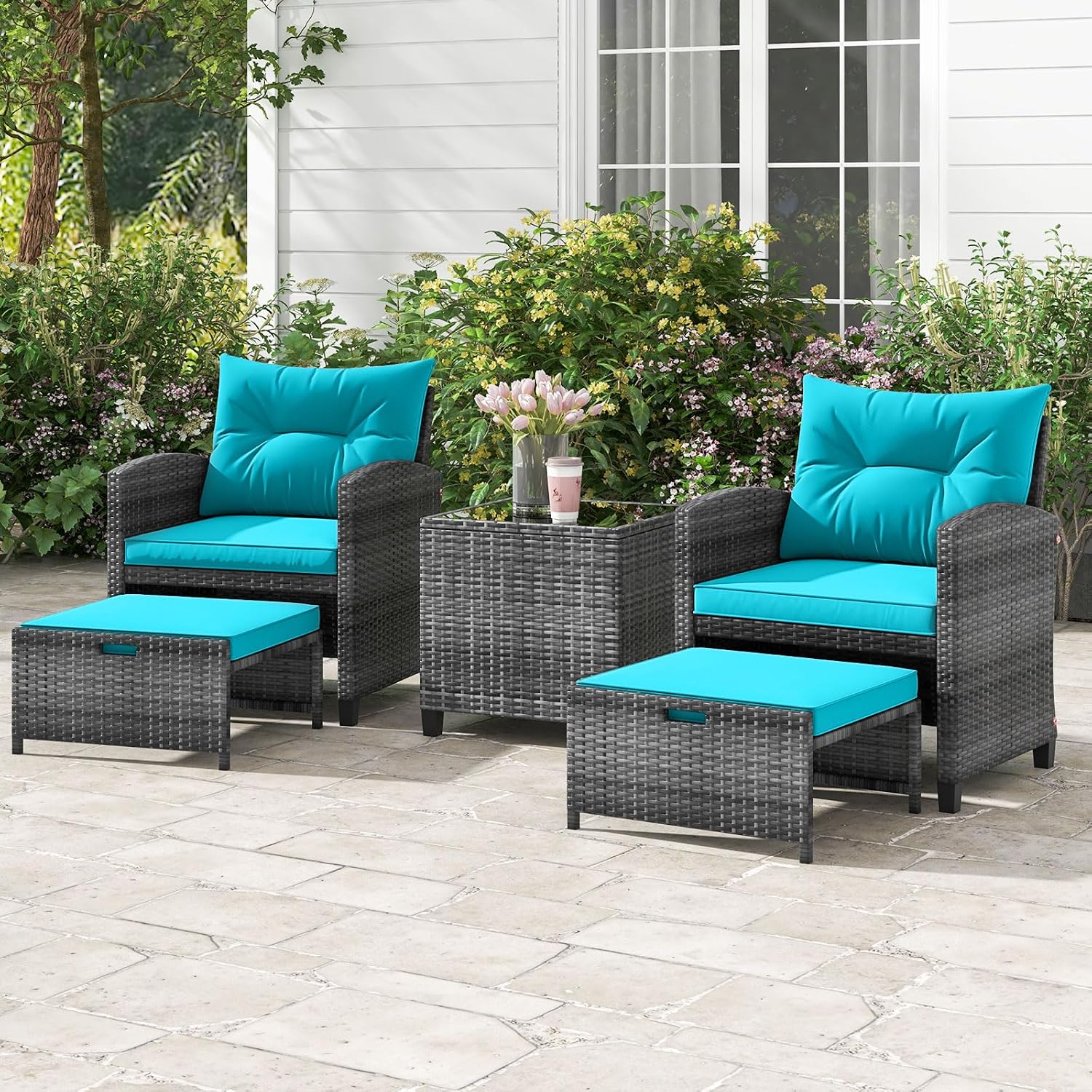 ORALNER 5 Pieces Patio Furniture Set with Ottoman, Wicker Conversation Set w/Cushions, Glass Coffee Table, Outdoor Lounger Rattan Chairs Bistro Set for Porch Balcony Garden Deck Poolside (Turquoise)