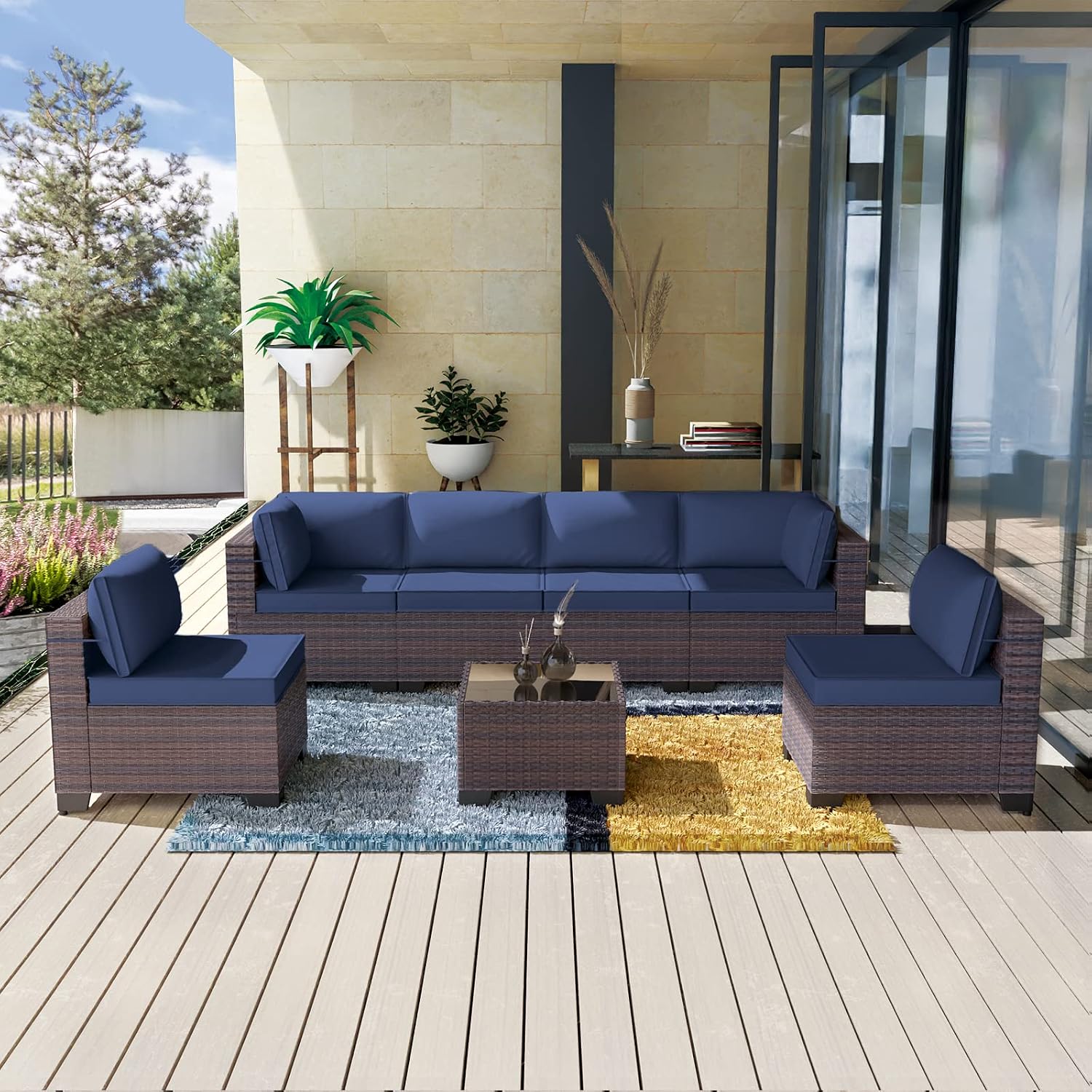 Kullavik 7 Pieces Outdoor Patio Furniture Set,Sectional Rattan Sofa Set Brown PE Rattan Wicker Patio Conversation Set with Tempered Glass Coffee Table and Washable Cushions Covers,Navy Blue