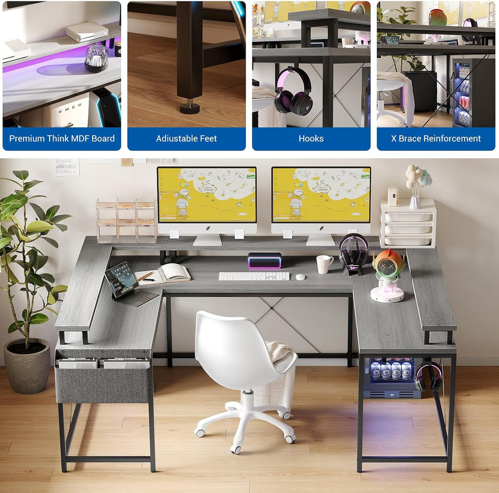 Garvee 79 Inch u Shaped Computer Desk,Large Gaming Desk with Power Outlets & LED Lights,Reversible l Shaped Desk for Home Office Work and Gaming,Gray