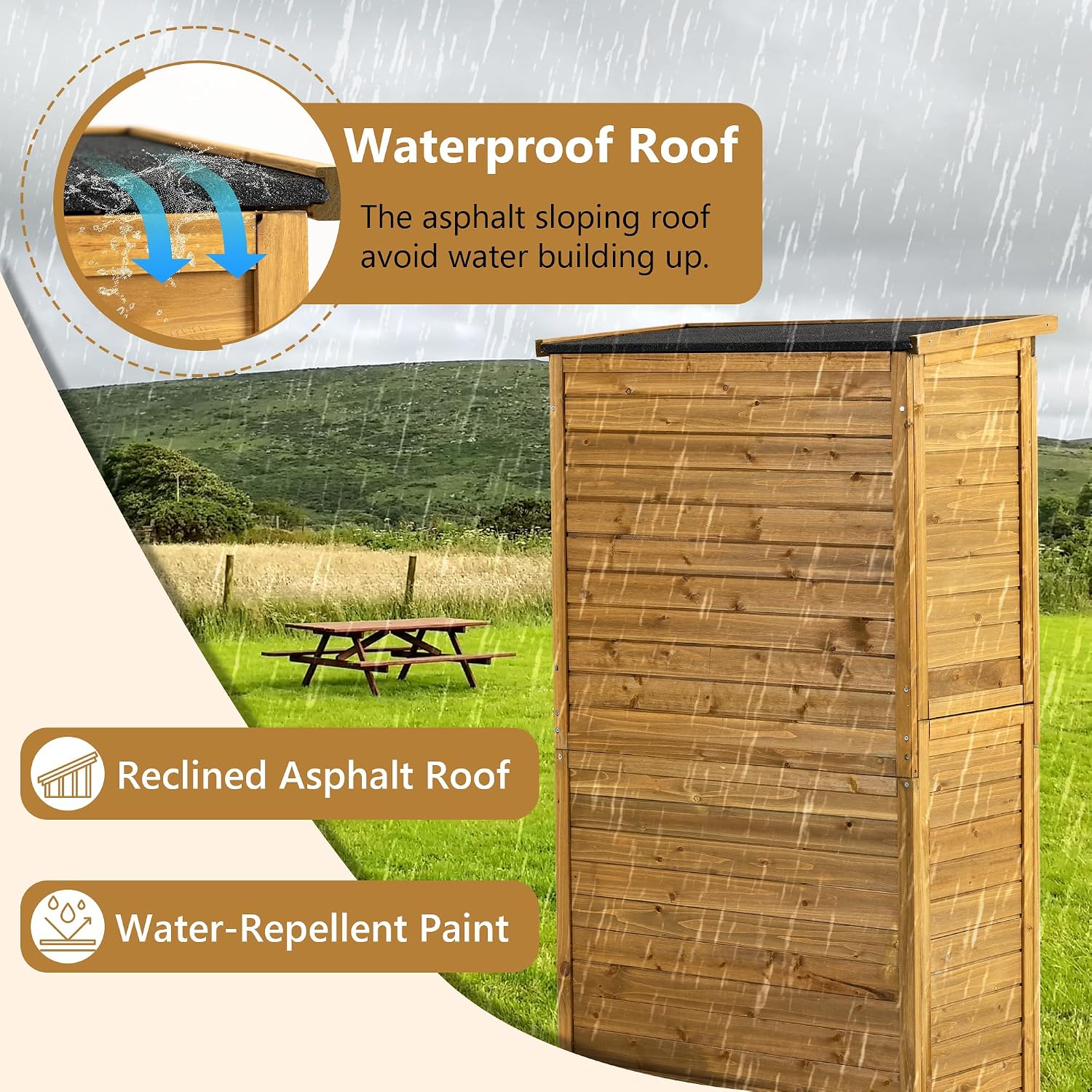 YOPTO Outdoor Wood Storage Cabinet,Garden Shed Tool with Lockable Door and Waterproof Roof,Backyard Building w/ 2 Removable Shelves & Adjustable Feet,for Lawn Patio,34.25' L x 18.5' W x 63' H,Natural