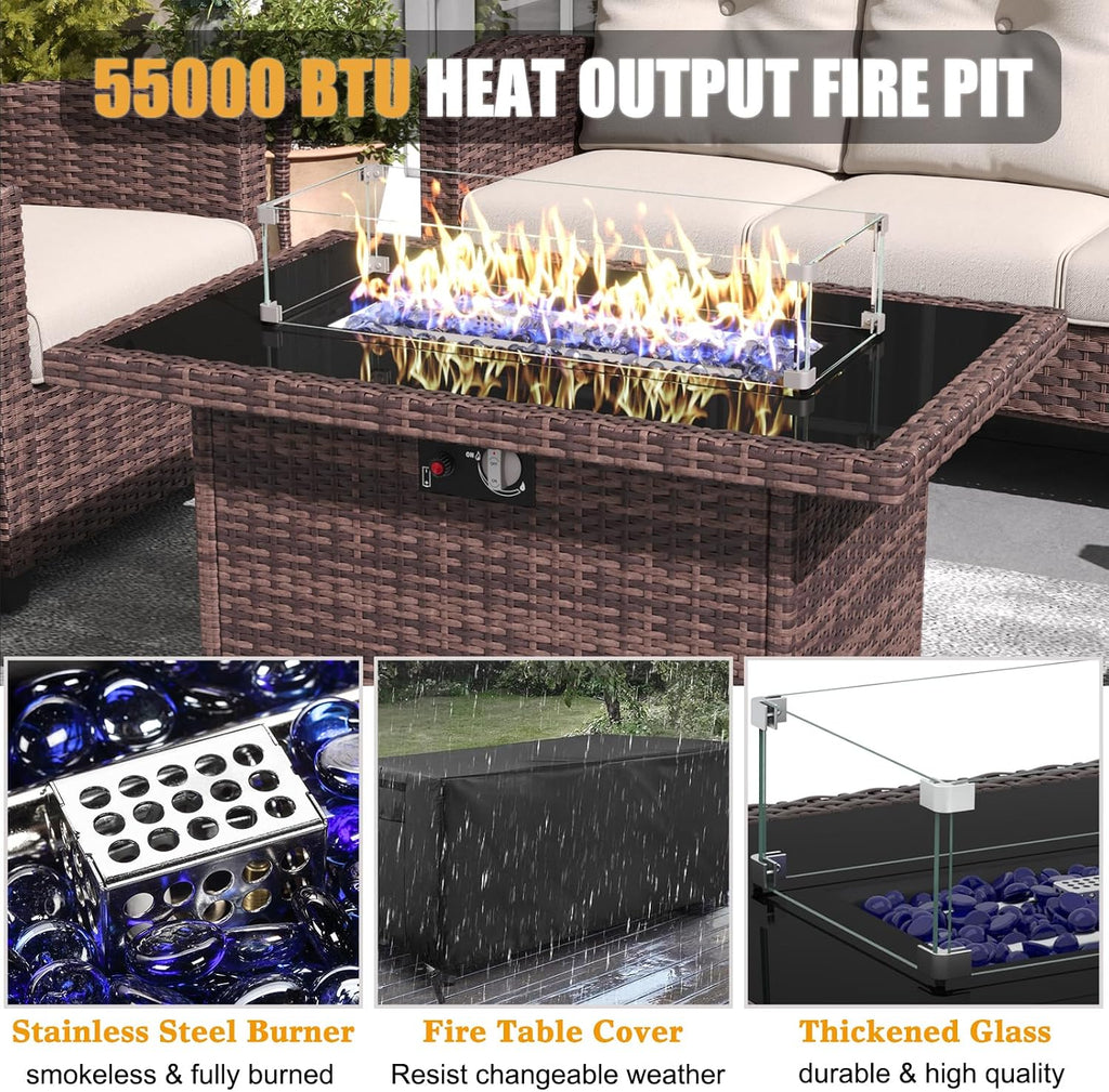 LayinSun 5 Pieces Patio Furniture Set with Swivel Chairs, Rattan Wicker Rocking Glide Chairs with 44' Propane Gas Fire Pit Table Conversation Set