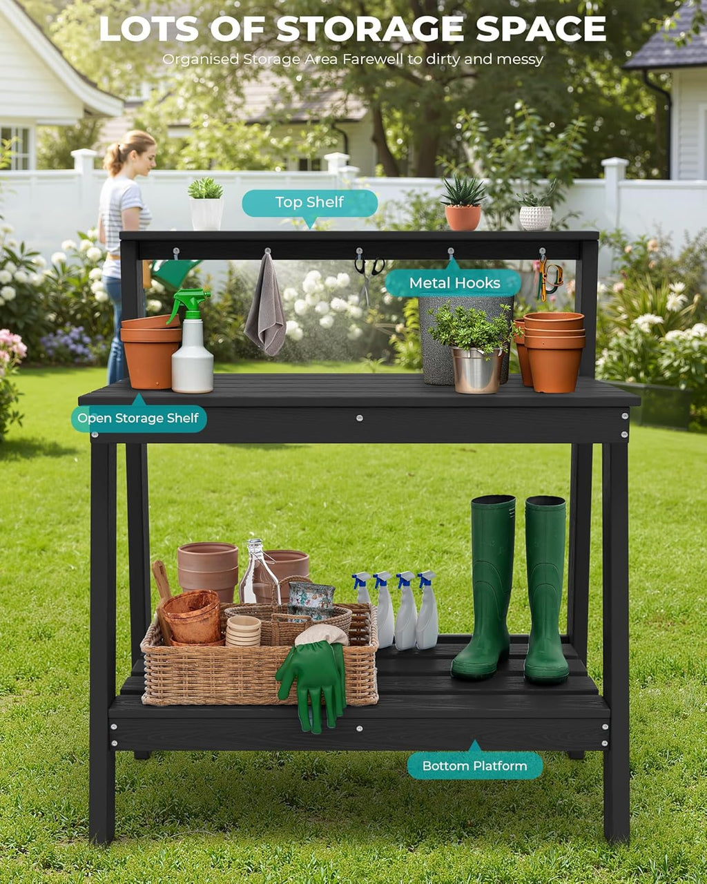 SERWALL Potting Bench Outdoor with Storage, 3-Tier HDPE Gardening Table with Angled Legs & Tool Hooks, All-Weather Heavy Duty Potting Table for Patio, Backyard, Garden, Black