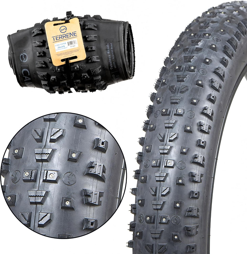 Fat Bike Tire by Terrene - Cake Eater Tubeless, Stud Capable, Fast Rolling Fat Tire - All Season Bike Accessories for Fat Tire and E-Bikes