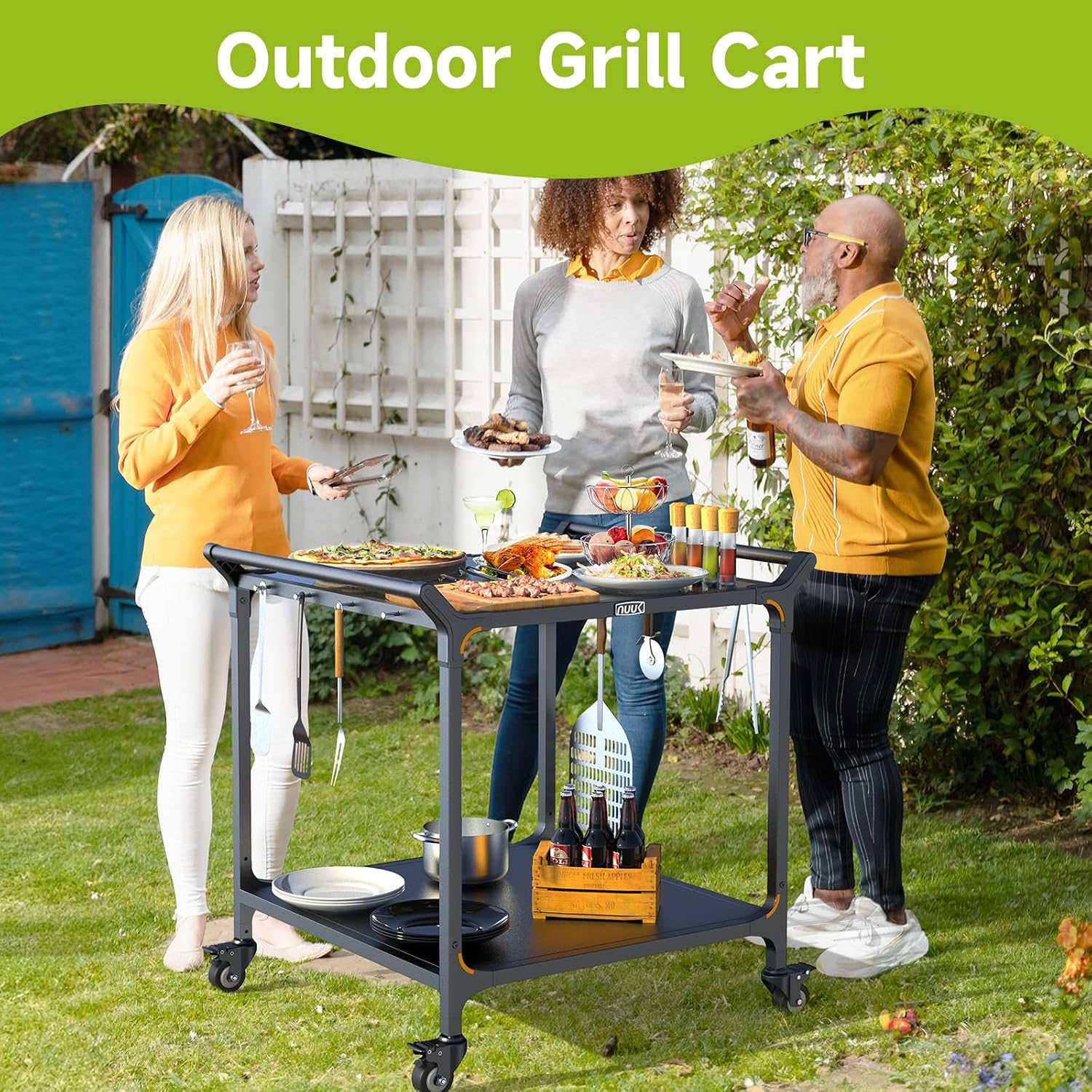 NUUK Outdoor Grill Cart on Wheel 32' x 32', Stainless Steel Pizza Oven Table with Double-Shelf, Rolling Countertop Kitchen Food Prep Cart for Backyard, Garden, Restaurant