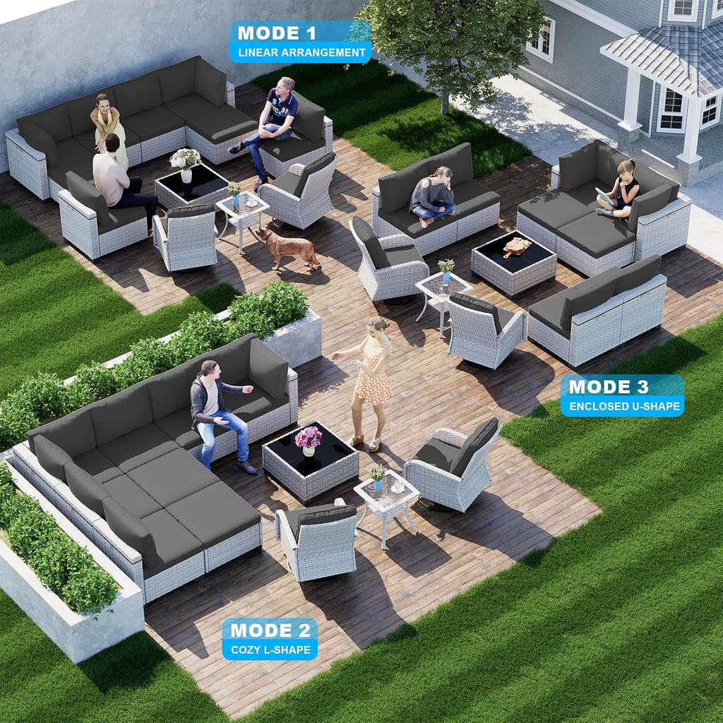 12-Piece Patio Furniture Set, Outdoor Patio Furniture with Swivel Chairs Set, Ottomans, Modular Patio Sofa, Dual-Strand Wicker Rattan, Rust-Resistant Frame, Black