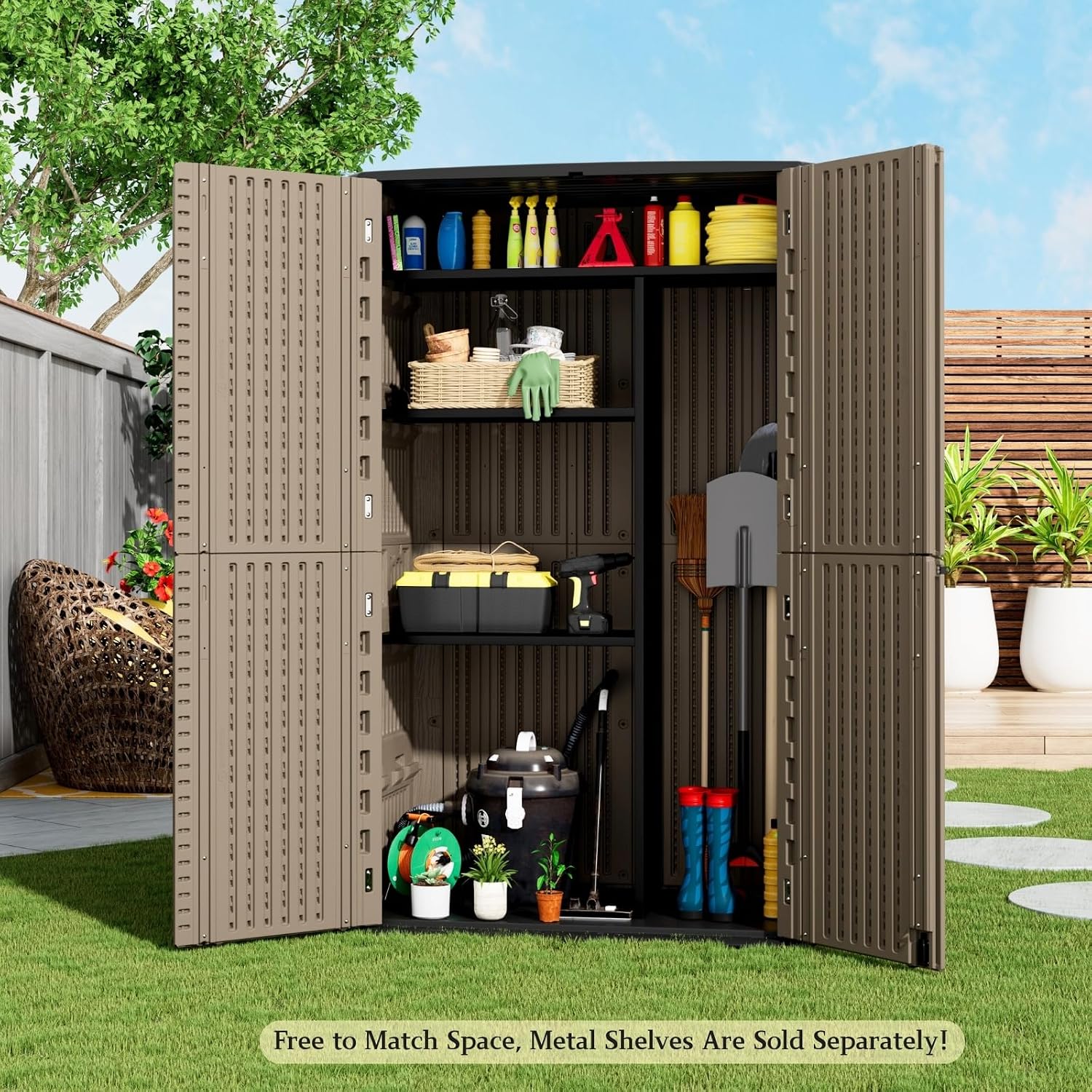 ZZM Large 67 Cu.ft Waterproof Storage Shed, Outdoor Storage Cabinet，Durable Resin Sheds for Patio Furniture, Garden Tools, Pool Accessories, Mower Storage (Coffee)