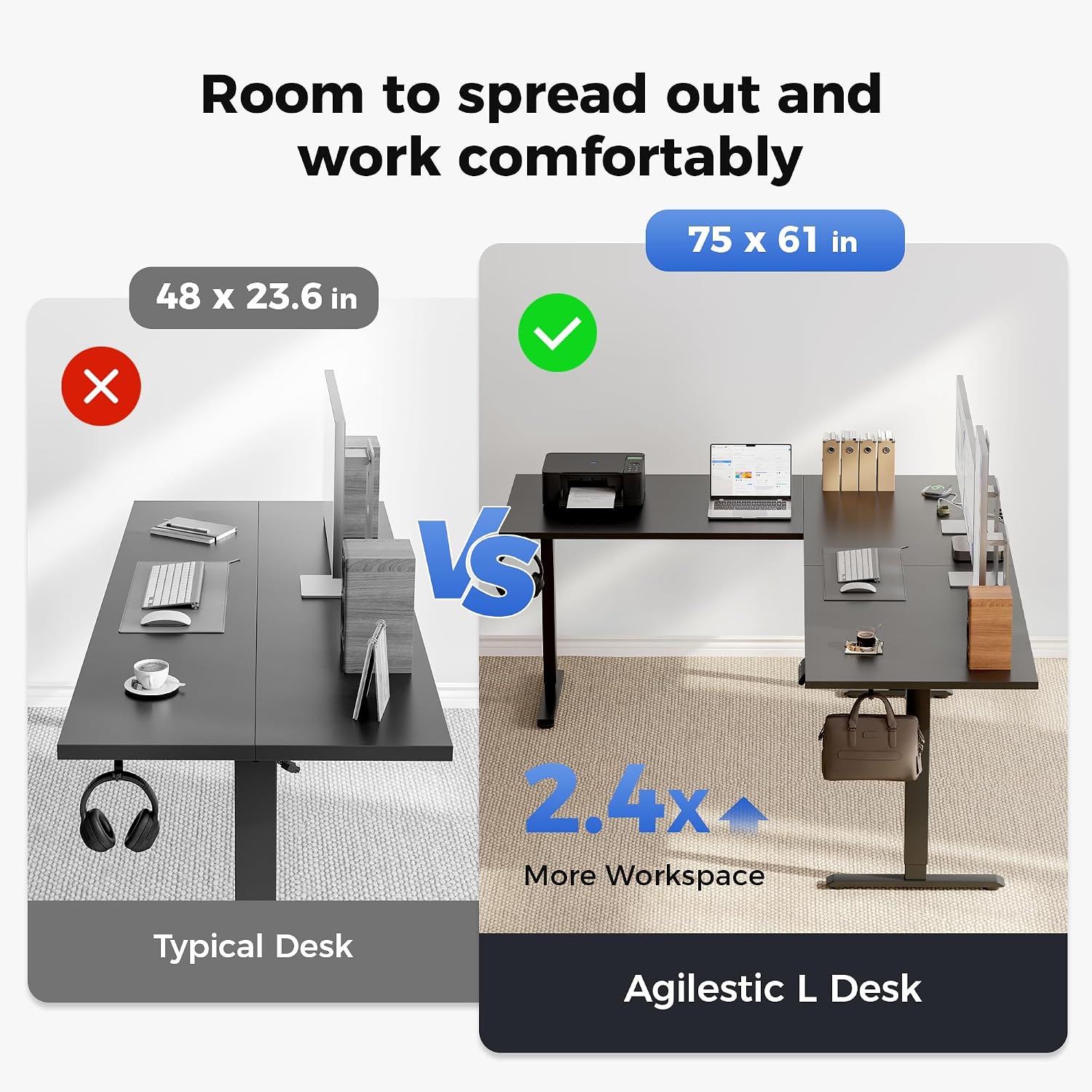 Agilestic Electric L Shaped Standing Desk 75 x 61 Inch with Power Outlet, Height Adjustable Corner Stand up Desk with Cable Management,Sit Stand Home Office Workstation with Splice Board, Black