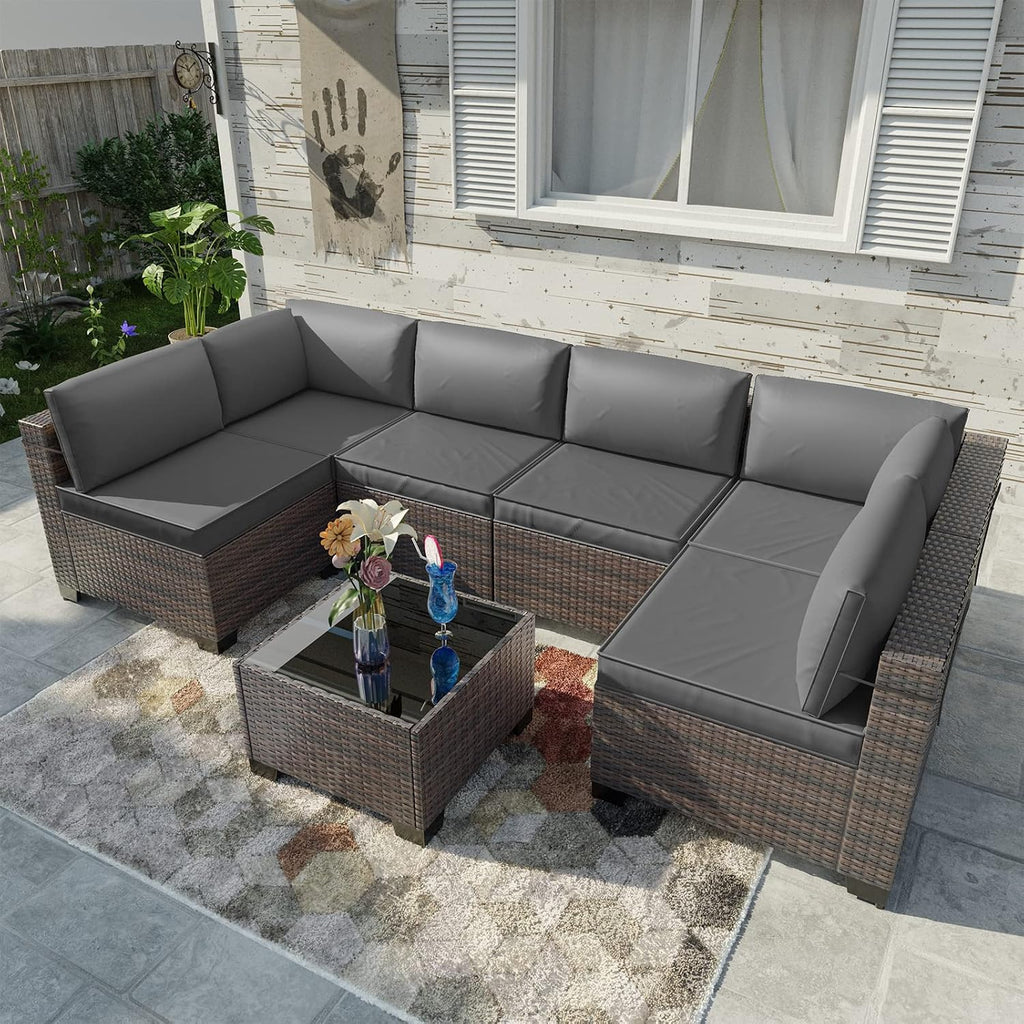 Kullavik 7 Pieces Outdoor Patio Furniture Set,Sectional Rattan Sofa Set Brown PE Rattan Wicker Patio Conversation Set with Tempered Glass Coffee Table and Washable Cushions Covers,Grey