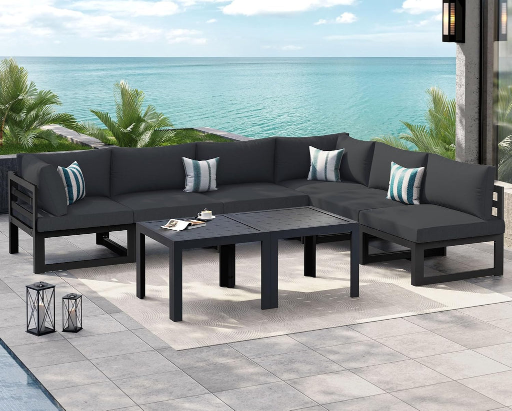NICESOUL 8 Piece Modern Aluminum Patio Furniture Set Deep Seated, Extra Wide Modular Outdoor Sectional for 6 People, 500 lbs Heavy Duty L-Shaped Oversized Sofa Couch for Outside Backyard, Ember Black