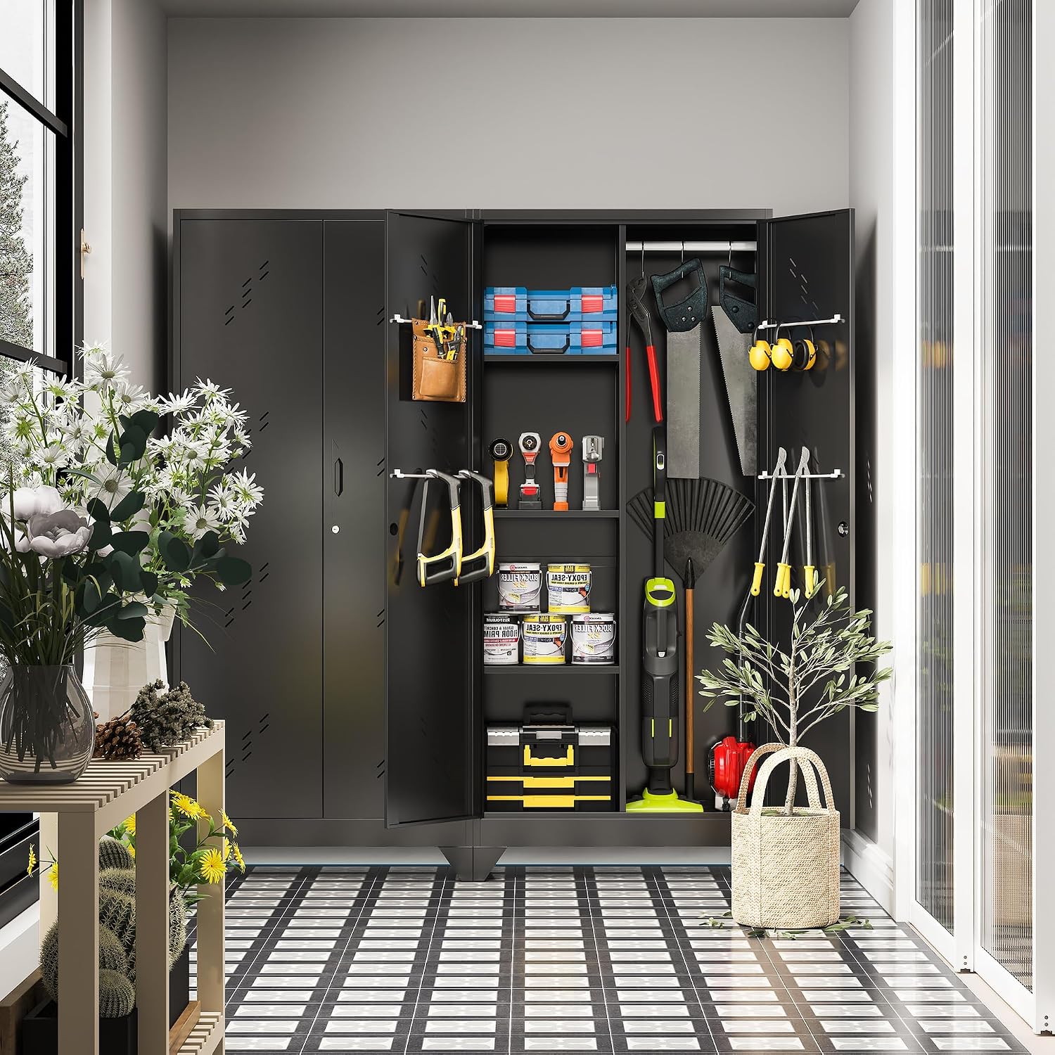 Metal Storage Cabinet 71' H, Garege Storage with Stainless Steel Bottom, Black Cleaning Supplies Organization Cabinet with Lockable Doors and Hanging Rod for Outdoor, Home Office