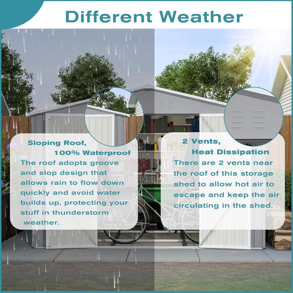 YOPTO 10x12 FT Outdoor Storage Shed with Floor Frame Kit,Metal Shed W/Double Lockable Doors,Garden Tool Storage House W/ 4 Air Vents & Sloped Roof,for Backyard,Patio,Lawn,Gray
