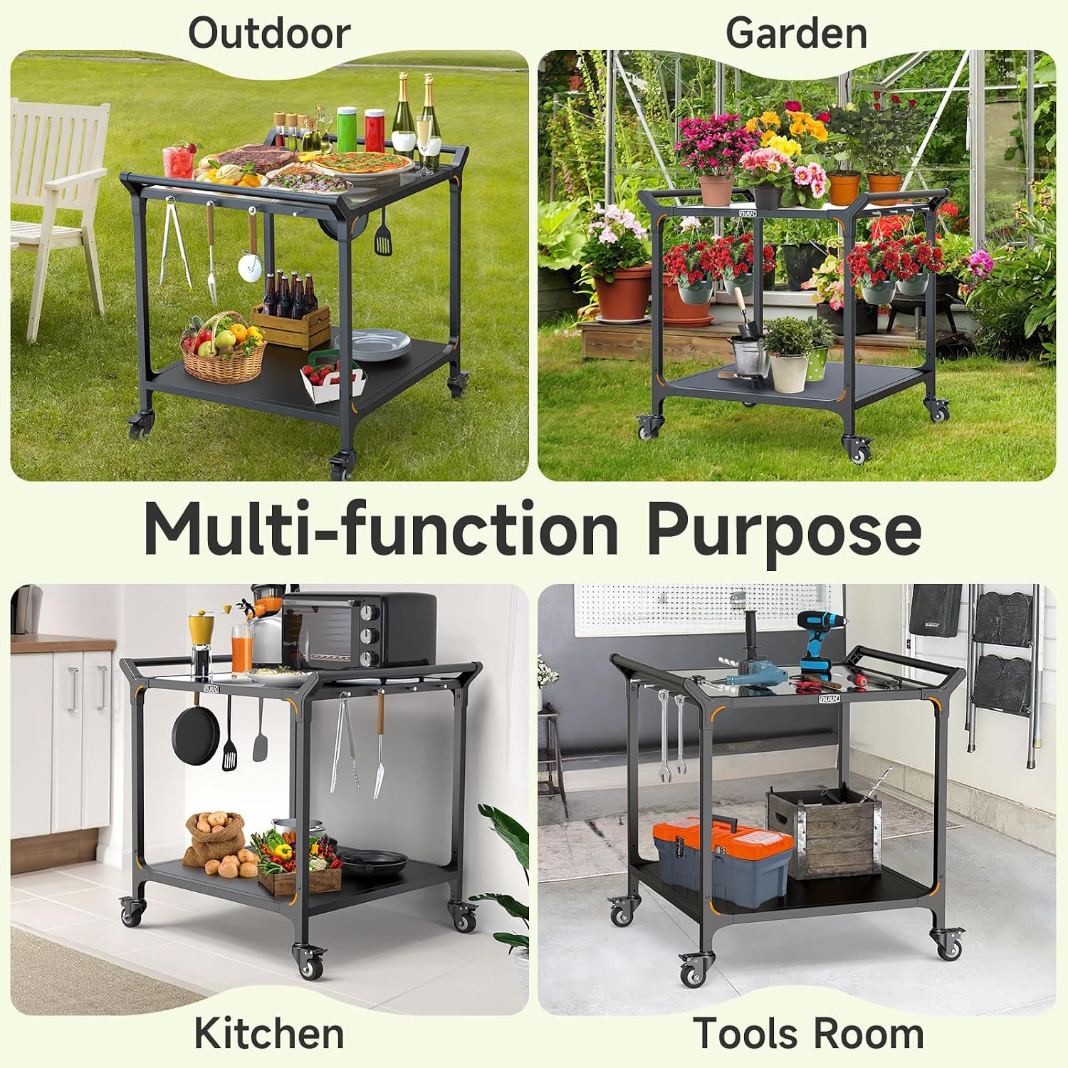 NUUK Outdoor Grill Cart on Wheel 32' x 32', Stainless Steel Pizza Oven Table with Double-Shelf, Rolling Countertop Kitchen Food Prep Cart for Backyard, Garden, Restaurant
