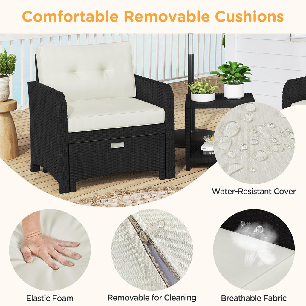 Yaheetech 5 Piece Patio Conversation Set with Ottomans, PE Wicker Balcony Furniture, Rattan Lounge Sofa with Cushions & Pillows, 2 Chairs & Side Table for Backyard, Porch, Garden, Black/Beige
