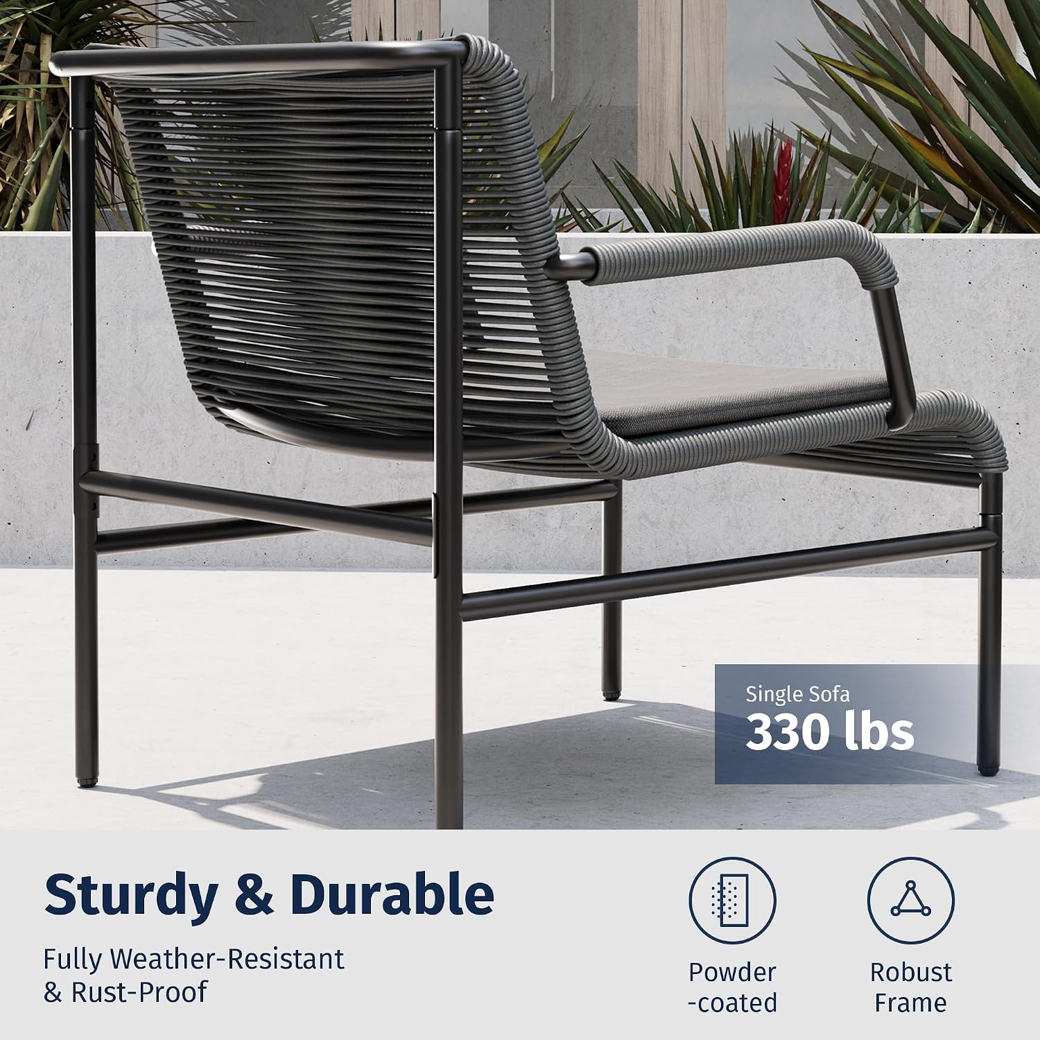 East Oak 3-Piece Patio Furniture Set, Outdoor Bistro Set with PE Rattan Wicker Wide Chairs, Soft Pads & Coffee Table, Modern All-Weather Wicker Patio Set for Garden and Porch, Misty Grey