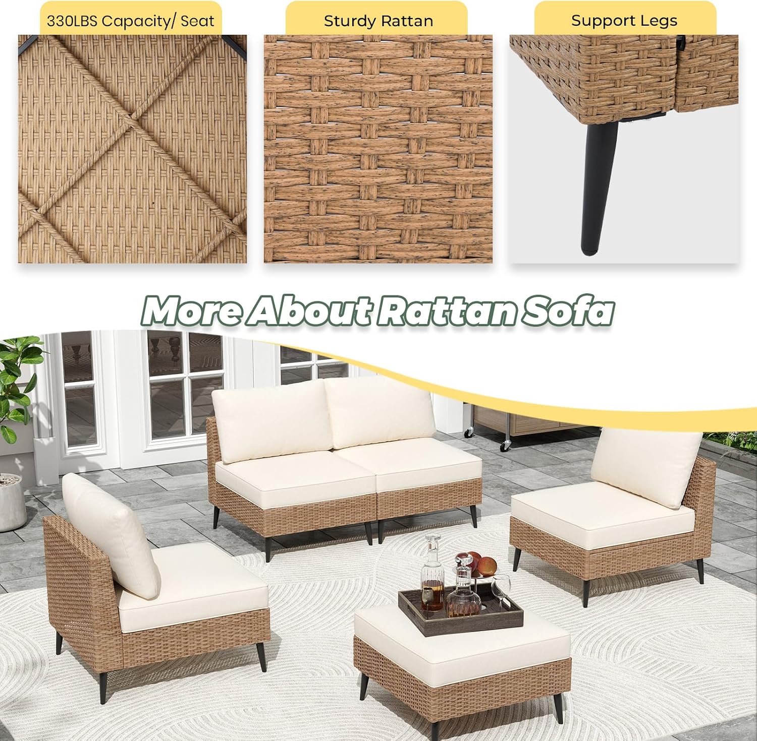 LVUYOYO 5 Pieces Outdoor Patio Furniture Set, Wicker Sectional Sofa Couch, Rattan Conversation Sets with Cushions for Deck, Backyard, Porch (Khaki)