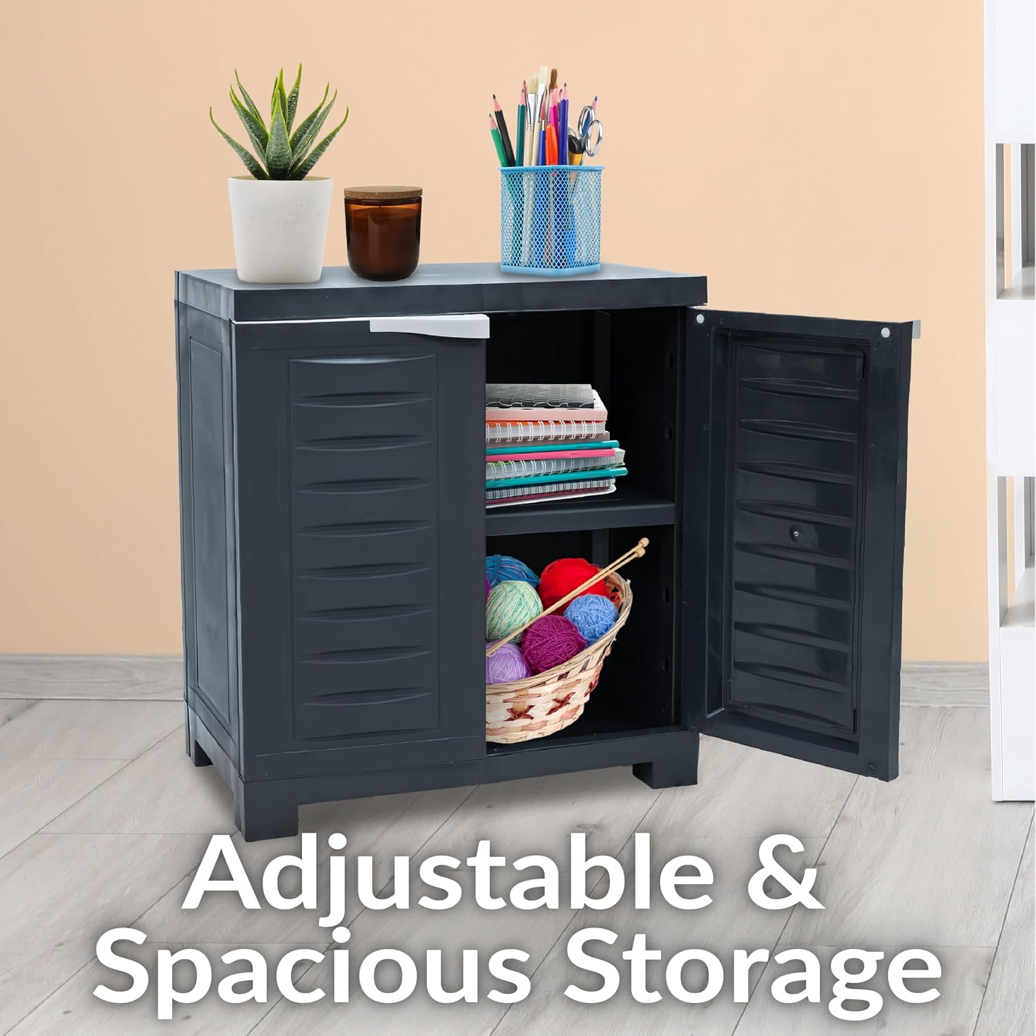 Sunnydaze 25.5' H Resin Garage Storage Cabinet - Garage Cabinet with Adjustable Shelf - Freestanding Utility Storage for Laundry Room, Office, Basement - Charcoal