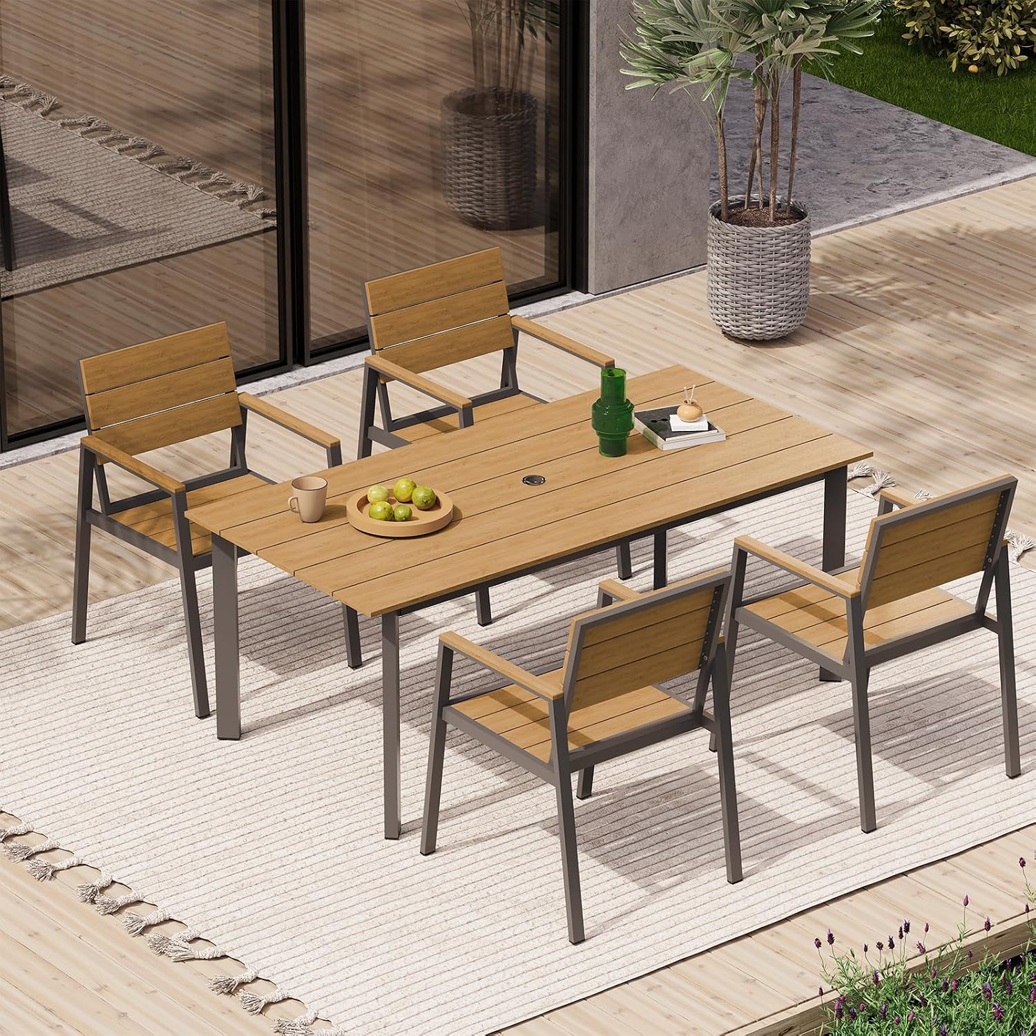 67' Rectangle HDPS Patio Dining Table, Aluminum Outdoor Patio Dining Table with Umbrella Hole, Weather-Resistant for Lawn, Garden, Yard, Poolside and Indoor Use (Gray & Teak)