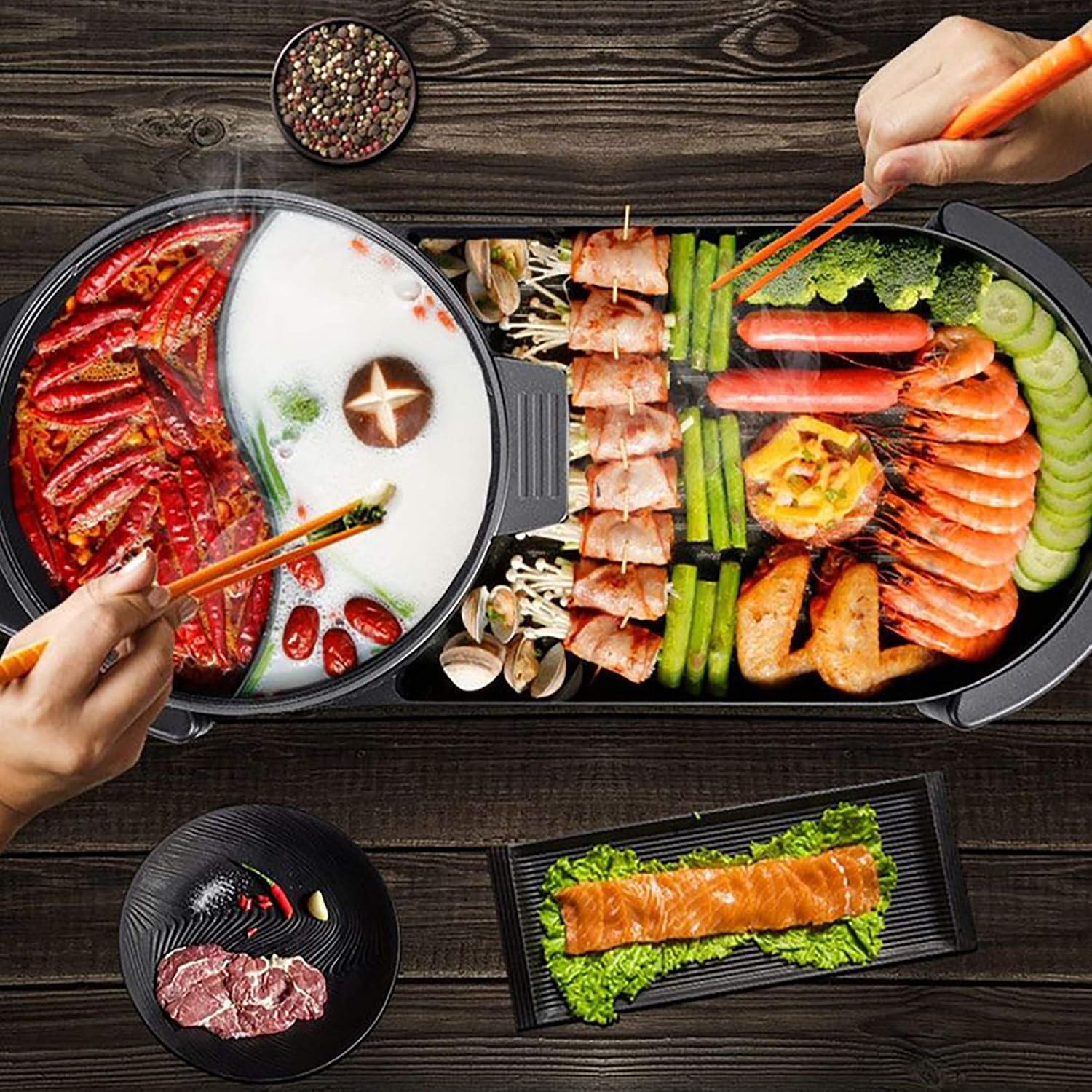 Electric 2 in 1 Grill Indoor Hot Pot Multifunctional Teppanyaki Grill/Shabu Shabu Pot Smokeless with 5 Level Temperature for Family Gathering, Party Indoor/Outdoor.