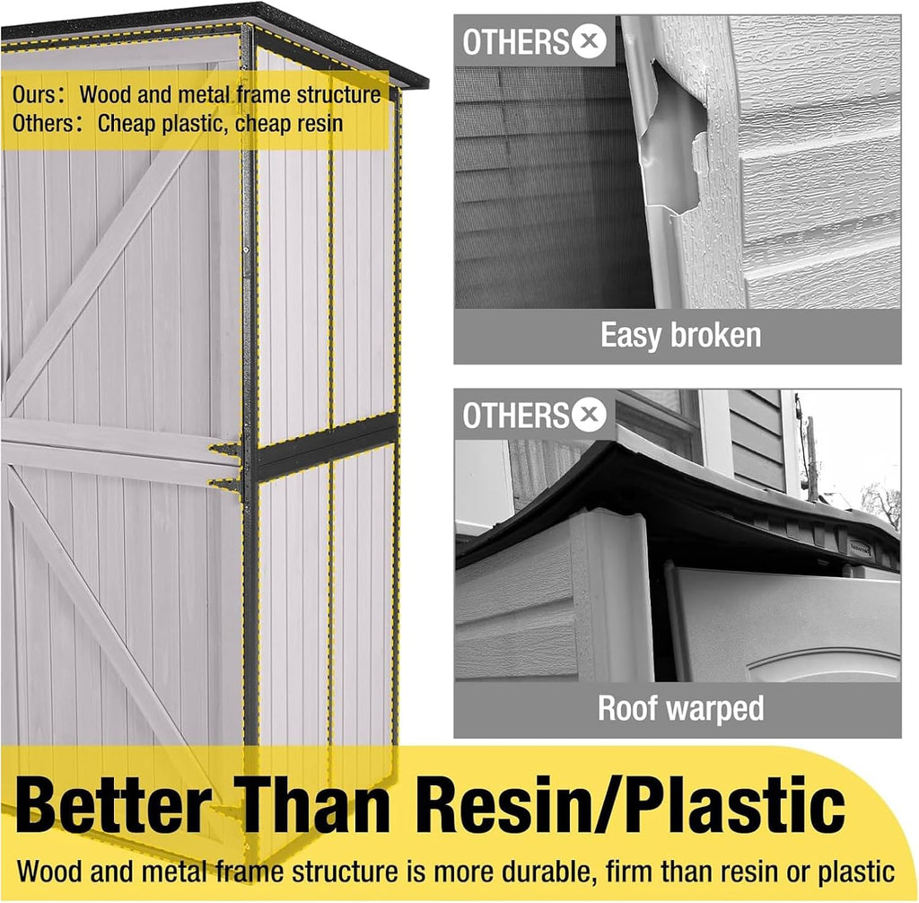 Aivituvin Storage Shed Outdoor Storage Cabinet Upgraded with All Arounded Metal Frame, Wooden Floor and Adjustable Shevels 55' L x 29' W x 67' H, Off-White