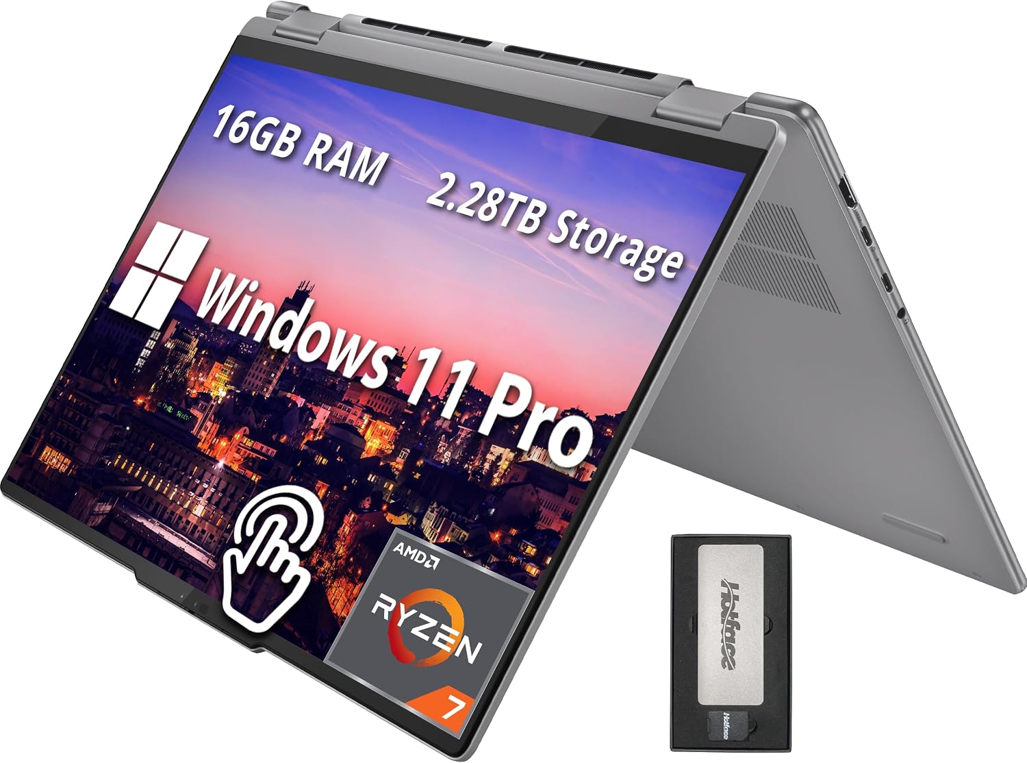 Lenovo Yoga 7 16' WUXGA 2-in-1 Touchscreen Laptop, AMD Ryzen 7 8840HS, 16GB LPDDR5X, 2.28TB Storage (2TB SSD+288GB Docking Station Set), Backlit Keyboard, Fingerprint Reader, Win 11 Pro, Artic Grey
