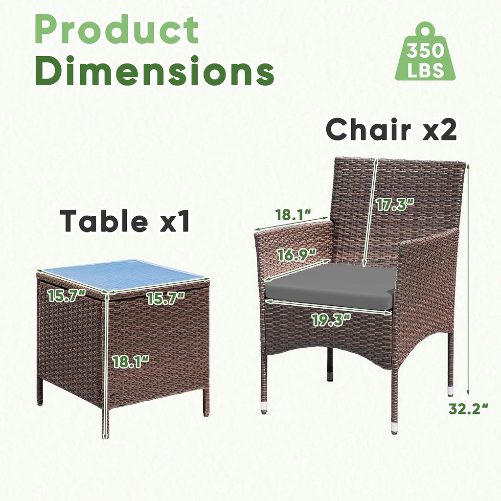 Greesum 3 Pieces Patio Dining PE Rattan Wicker Chair Furniture Set with Cushion and Glass Coffee Table for Outdoor Garden Backyard Poolside, Brown and Grey