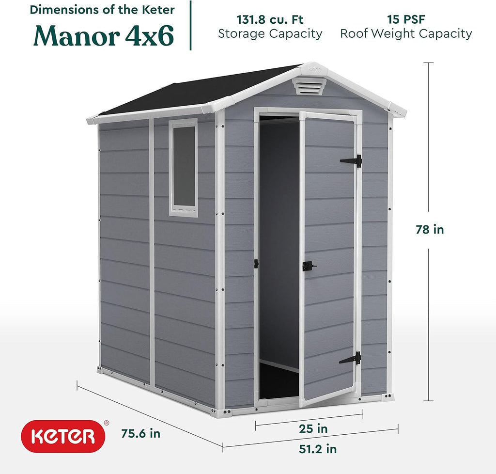 Keter Manor 4x6 Resin Outdoor Storage Shed Kit-Perfect to Store Patio Furniture, Garden Tools Bike Accessories, Beach Chairs and Lawn Mower, Grey & White