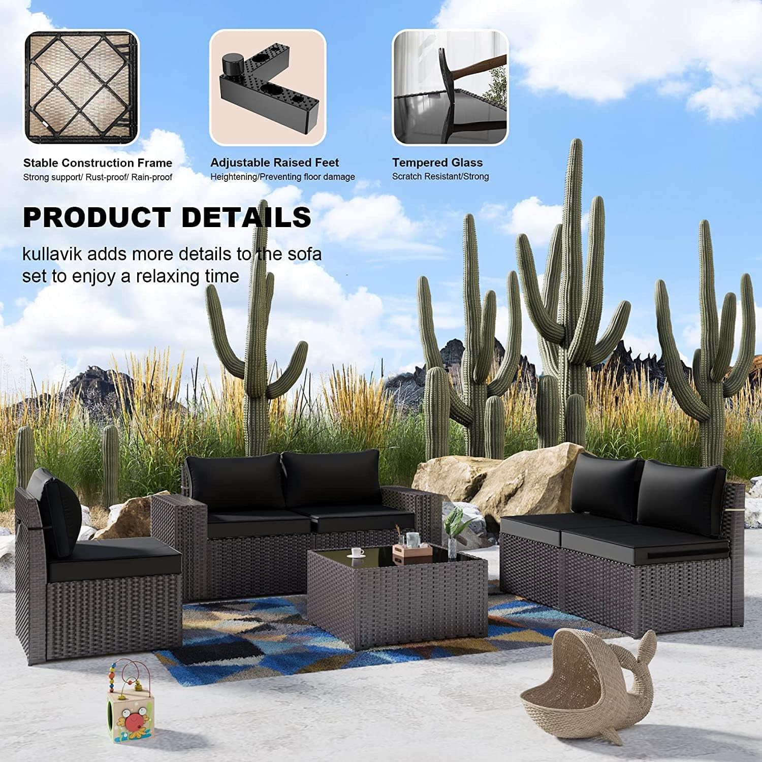 Kullavik Outdoor Patio Furniture Set,12 Pieces Sectional Rattan Sofa Set Brown PE Rattan Wicker Patio Conversation Set with 10 Seat Cushions and 2 Tempered Glass Coffee Table,Black