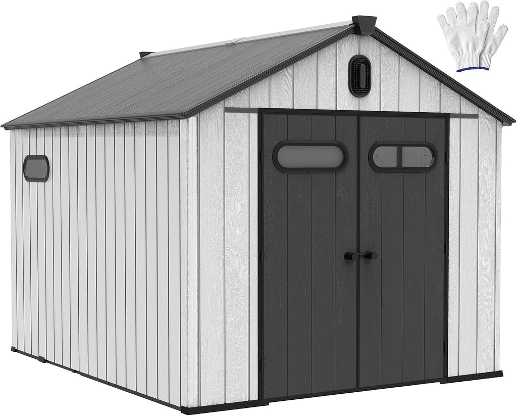 DWVO 8x10 FT Outdoor Storage Shed, 544 cuft Large Plastic Storage Shed with Floor & Lockable Door, Outside Tool Garden Shed with Windows & Vents for Patio Furniture/Lawn Mower, Black&Gray