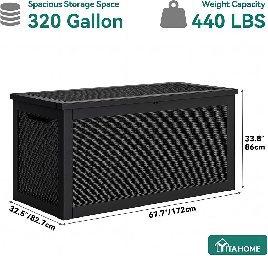 YITAHOME XXL 320 Gal Large Deck Box, Outdoor Resin Storage Box, Rattan Storage Container for Patio Furniture, Garden Tools, Waterproof, Lockable (Black)