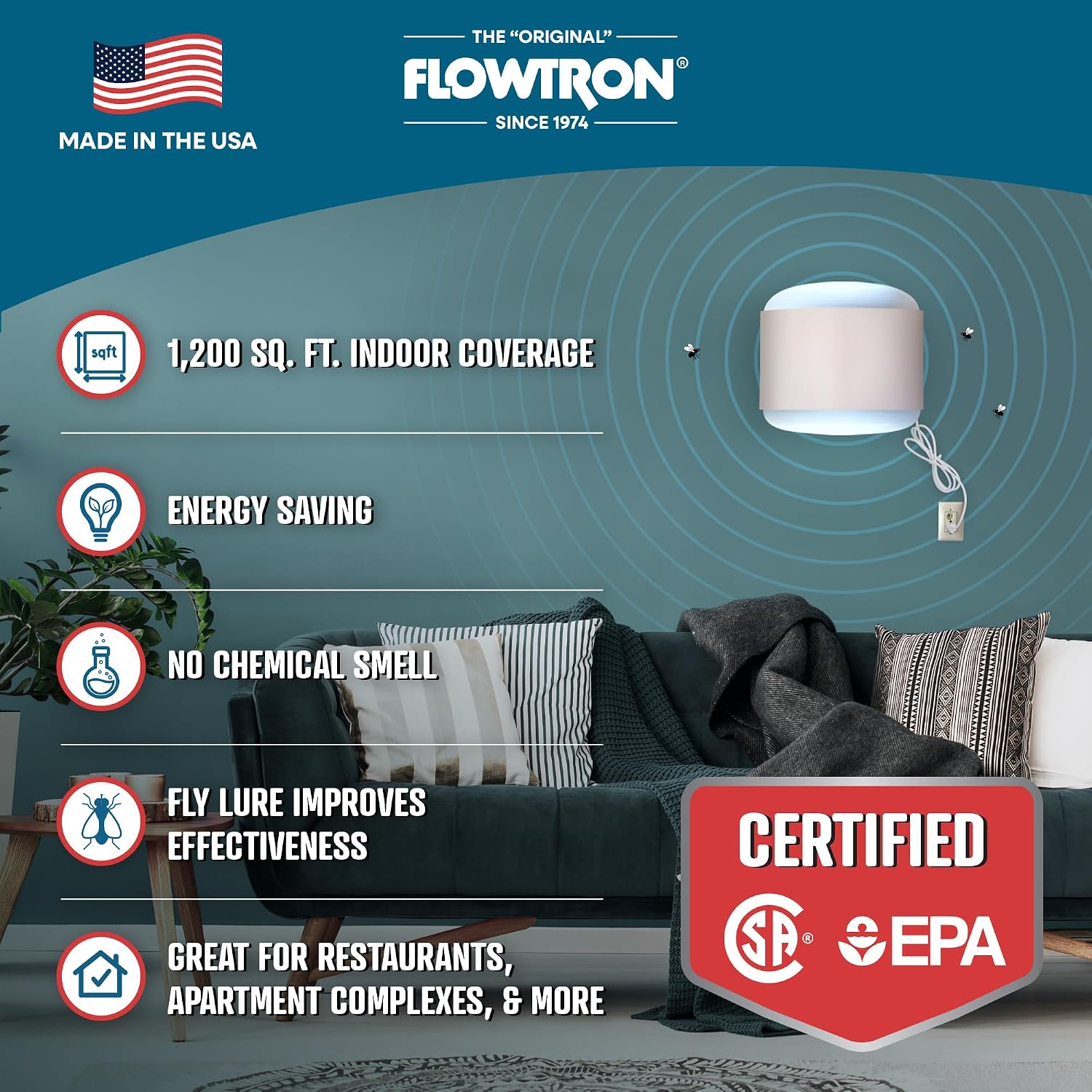 Flowtron Fly Trap Indoor Wall Sconce | Electric Insect Killer for Flies & Gnats with Dual Lure Method 80W UV Light & Pheromone Attractant | Sticky Strips, 1200 Sq Ft for House & Kitchen