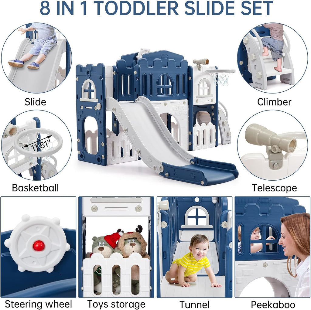 Garvee Toddler Slide 8 in 1 Toddler Playset for Toddlers Age 1-3, Baby Playset for Indoor Outdoor Playground with Climber, Crawling Tunnel, Basketball Hoop, Telescope, Toy Storage