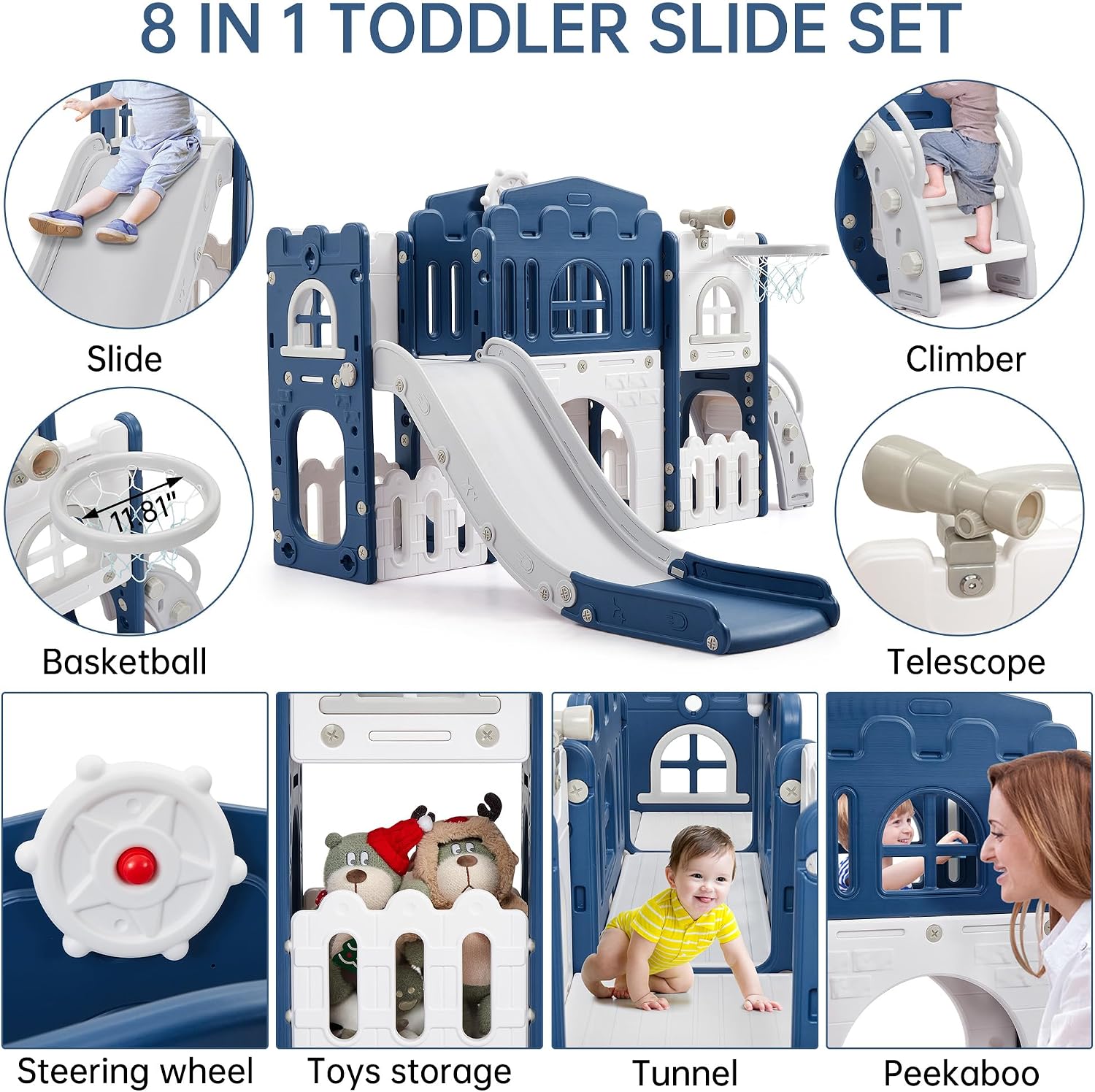 Garvee Toddler Slide 8 in 1 Toddler Playset for Toddlers Age 1-3, Baby Playset for Indoor Outdoor Playground with Climber, Crawling Tunnel, Basketball Hoop, Telescope, Toy Storage