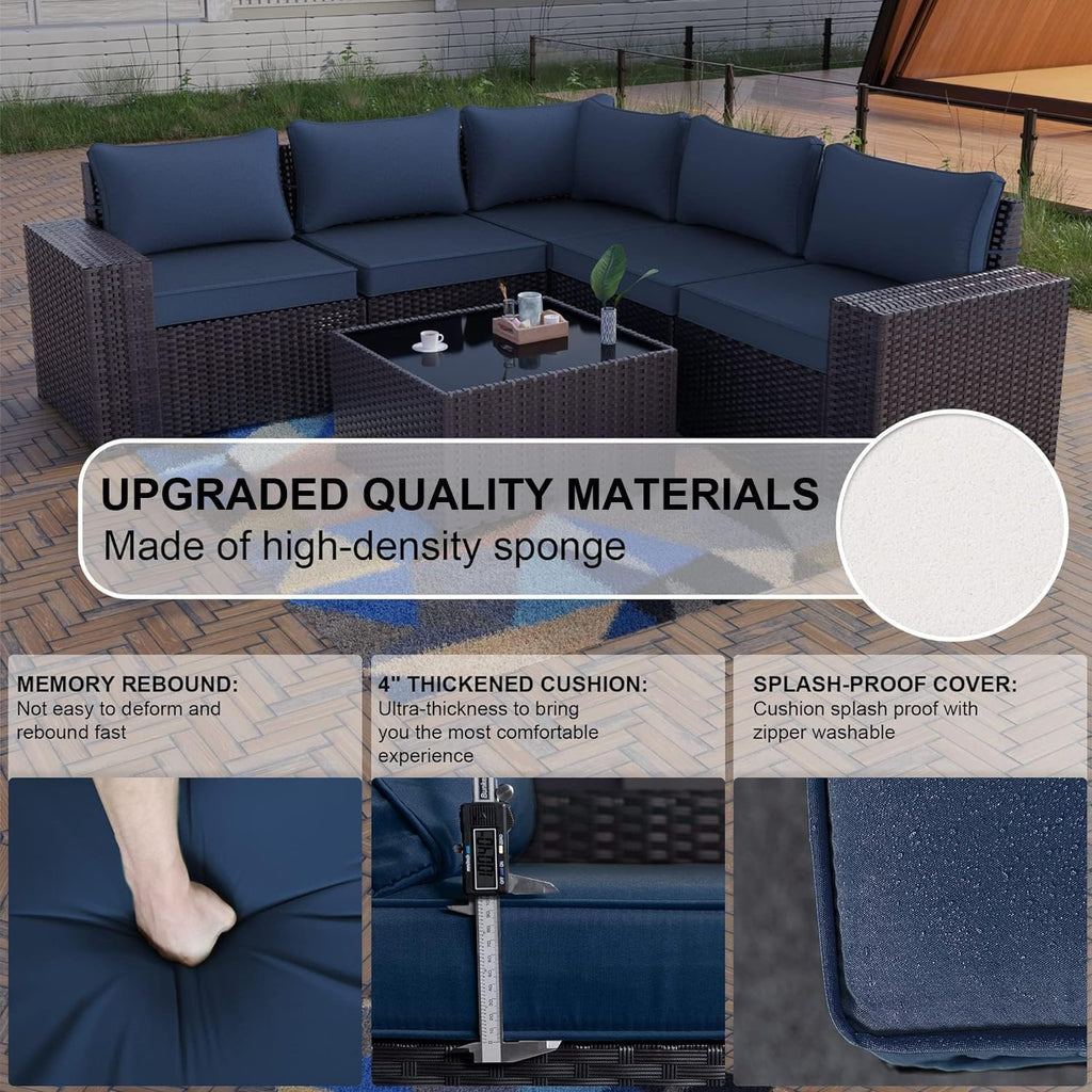 Kullavik Outdoor Patio Furniture Set 6 Pieces Sectional Rattan Sofa Set Brown PE Rattan Wicker Patio Conversation Set with 5 Seat Cushions and 1 Tempered Glass Table,Navy Blue