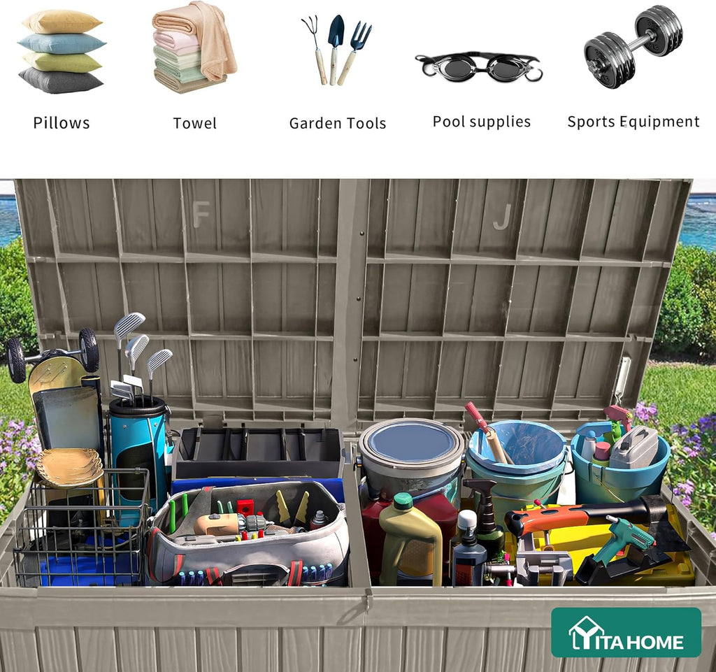 YITAHOME 180 Gallon Large Outdoor Storage XL Deck Box w/Divider for Patio Furniture,Outdoor Cushions, Garden Tools, Sports Equipment and Pool Supplies, Waterproof, Resin, Lockable, Taupe
