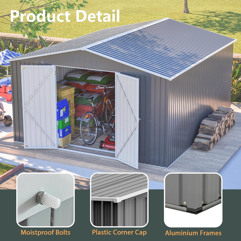 11x13FT Outdoor Storage Sheds with Floor Frame& Lockable Doors Garden Metal Shed Waterproof Galvanized Steel Tool Shed with Air Vents Sloping Roof Ideal for Backyard Patio Lawn Gray