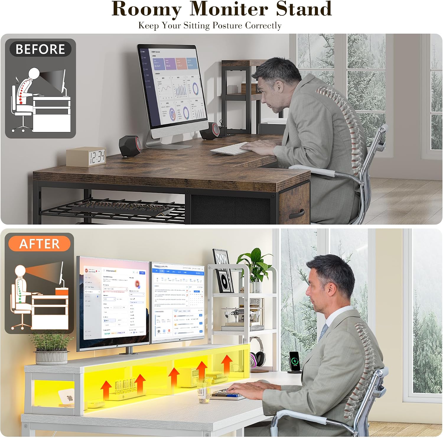55 Inch White Computer Desk with Drawers and Hutch,Reversible Home Office Desk with Monitor Shelf,Gaming Desks with USB Power Outlets&Storage,Writing Study Table for Bedroom with LED Lights,White