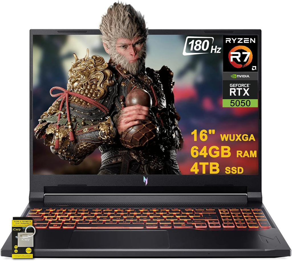 Acer Nitro V 16 AI Gaming Laptop 16' WUXGA IPS 180Hz AMD Zen 4 Octa-Core Ryzen 7 260 64GB RAM 4TB SSD GeForce RTX 5050 (Up to 421 AI Tops) Backlit Win11 ICP Hub