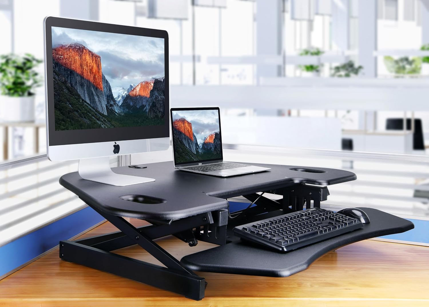 Rocelco 46' Height Adjustable Corner Standing Desk Converter - Quick Sit Stand Up Dual Monitor Riser - Gas Spring Assist Tabletop Computer Workstation - Large Keyboard Tray - Black (R CADRB-46)