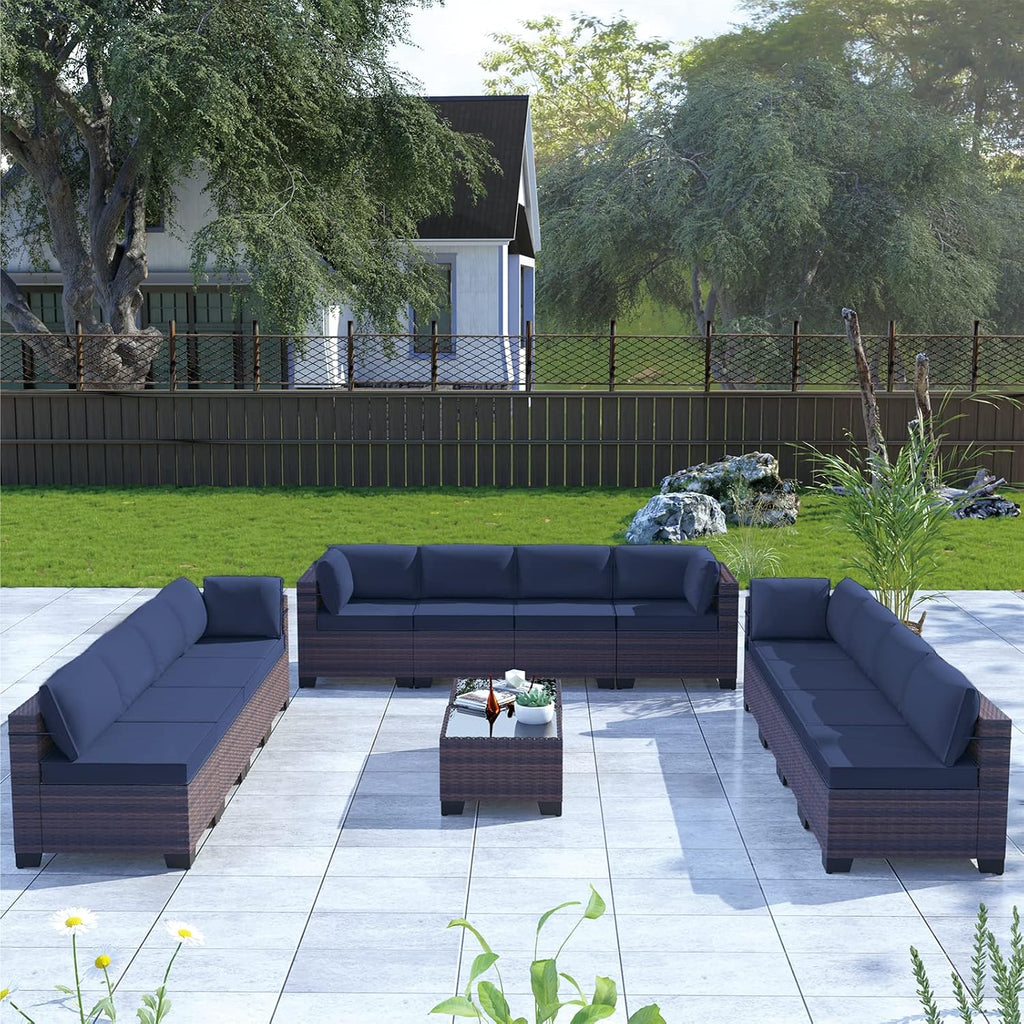 Kullavik 14 Pieces Outdoor Patio Furniture Set,Sectional Rattan Sofa Set Brown PE Rattan Wicker Patio Conversation Set with Tempered Glass Coffee Tables and Washable Cushions Covers,Navy Blue
