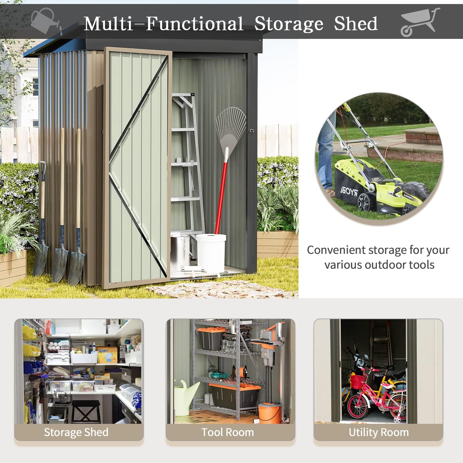 Greesum Metal Outdoor Storage Shed 5FT x 3FT, Steel Utility Tool Shed Storage House with Door & Lock, Metal Sheds Outdoor Storage for Backyard Garden Patio Lawn (5' x 3'), Brown