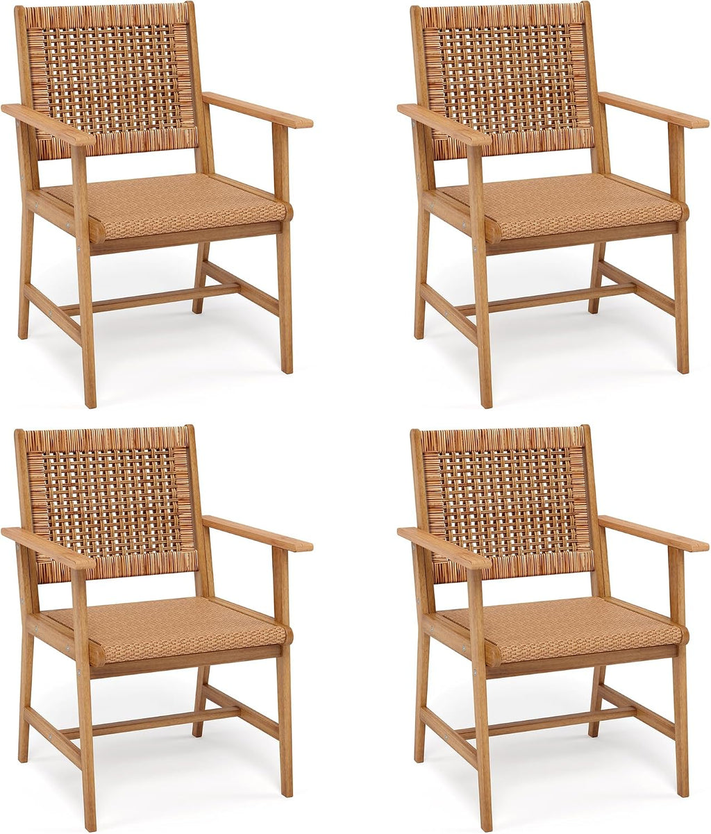 PHI VILLA Outdoor Acacia Wood Dining Chairs Set of 4, Armchairs with Strong Wicker Back & Seat, Farmhouse Style Teak Patio Deck Yard Balcony Garden Furniture