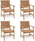 PHI VILLA Outdoor Acacia Wood Dining Chairs Set of 4, Armchairs with Strong Wicker Back & Seat, Farmhouse Style Teak Patio Deck Yard Balcony Garden Furniture