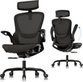 GABRYLLY Ergonomic Mesh Office Chair, Adjustable Home Desk Chair with Folding Armrest, 2D Headrest, Soft Seat and PU Wheel, Black Swivel Task Chair for Office, Business, Student (GY1108)